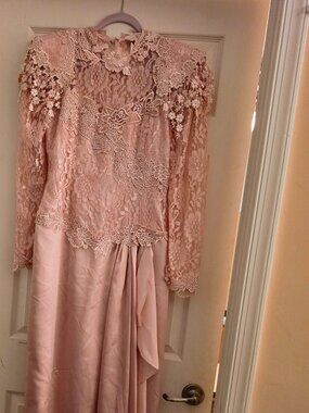 Vintage 80s Lorrie Kabala Blush Pink Victorian Lace Satin Maxi Gown